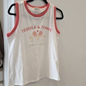 Wildfox White Tank with Coral Trim and Tequila & Tennis Graphic